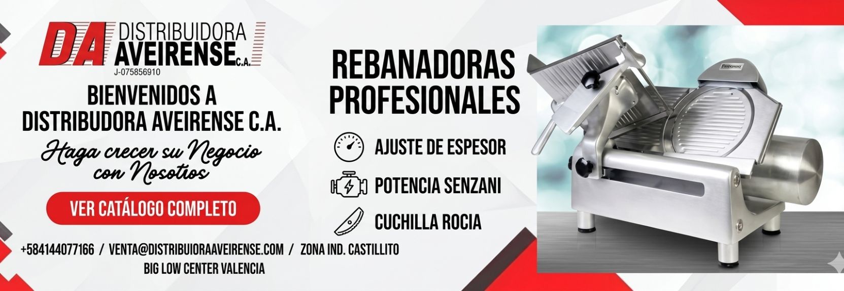 Bienvenido a Distribuidora Aveirense C.A., tu aliado estratégico en equipamiento comercial. Optimiza las líneas de corte y despacho de tu negocio con nuestra gama de rebanadoras profesionales, diseñadas específicamente para soportar jornadas intensas de trabajo en charcuterías, supermercados, restaurantes y delis. Equipadas con motores de alta eficiencia y la reconocida potencia Senzani, estas máquinas garantizan cortes limpios, rápidos y uniformes en una amplia variedad de quesos, embutidos y carnes frías.